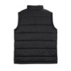 A black women's puffer vest featuring a quilted design and a high collar, with a logo on the back.