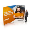 A curved tension fabric display wall featuring a model in an orange top, with a logo and promotional text on a bright backdrop.