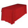 A red 3-sided throw tablecloth for an 8ft table, featuring a draped design and a logo.