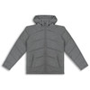A grey puffer jacket with a hood, featuring a zip closure and a logo.