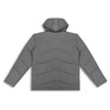 A grey puffer jacket with a hood, featuring a chevron design on the back and long sleeves.