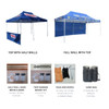 A large blue marquee with half walls and a full wall. Includes accessories like pegs, ropes, and a sandbag.