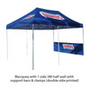A large blue marquee tent with one side wall, featuring support bars and clamps, and a logo on the front.