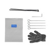 A set of tools including a bag, gloves, metal stakes, a hex key, and zip ties, featuring a logo on the bag.
