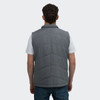 A grey mens puffer vest with a chevron pattern, featuring a collar and a branding logo on the back.