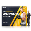 A large promotional display wall featuring a muscular man lifting weights, primarily in black and yellow colours, with branding.
