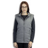 A grey puffer vest with a zip front and side pockets, featuring a logo on one side.