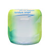An inflatable lounge chair in vibrant green and blue shades, featuring a logo on the top.