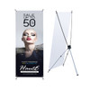 A medium X-frame banner in black and white, featuring a promotional design and a logo, stands on a tripod base.