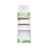 A self-assembly standard cardboard floor display in white and green with four shelves and a branding logo at the top.