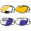 Four small horizontal pop-up banners in yellow and blue with various promotional messages and a logo.