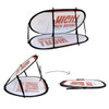 Oval-shaped pop-up banner in black and white with red text and a logo, featuring a collapsible design.