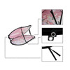 An oval-shaped pop-up banner in pink with a design, featuring black framing and attachment points.