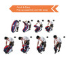 A series of images showing the assembly and folding process of a bean-shaped pop-up banner, featuring red and blue colours.
