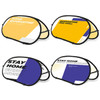 Four bean-shaped pop-up banners featuring a mix of yellow, blue, and white colours and various designs. Each banner has a logo.