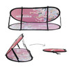 A large bean-shaped pop-up banner with a colourful design on a pink background, featuring a flexible frame and a logo.