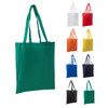A green non-woven long handle bag with a V gusset, displayed among various coloured bags. Includes a logo.