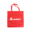 A red non-woven foldable bag with handles and a logo on the front.
