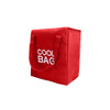 A red non-woven cooler bag with two handles and a logo on the front.