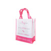 A laminated non-woven bag in white and pink with two handles and a large gusset, featuring a logo.