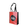 A red and black laminated non-woven bag with a large gusset and a logo on the front.
