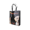 A black, laminated non-woven bag with large gusset features images of a dog and a cat, along with a logo.
