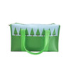A green cooler bag featuring a tree design and sturdy green handles, with a zip closure on top.