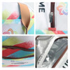 A waterproof RPET cooler bag featuring a colourful geometric design, with a zipper and a logo. Interior shows insulated lining.