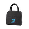 A black cooler lunch bag with dual handles and a logo on the front.