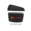 A drink bottle featuring an 8 oz clear glass body, black silicone sleeve, and cap with a logo.