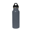 A drink bottle in grey with a black lid, featuring a double wall vacuum design and a logo.