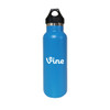 A drink bottle with a light blue exterior, double wall vacuum insulation, and a black PP lid, featuring a logo.