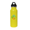 A drink bottle in bright yellow with a stainless steel lid and a logo on the front. It features a double wall vacuum design.