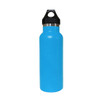 A drink bottle in bright blue with a double wall vacuum design and a black PP lid, featuring a logo.