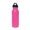 A drink bottle in bright pink, featuring a double wall vacuum design and a black PP lid, with a logo.