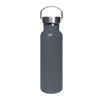 A drink bottle in a sleek dark grey finish, featuring a stainless steel lid and handle for easy carrying.