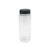 A drink bottle with a clear body and a black lid, designed for infusing beverages. It features a branding logo.