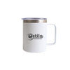 A coloured stainless steel mug in white with a silver rim and a clear lid. It features a logo.
