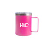 A pink stainless steel mug with a silver rim and a handle, featuring a logo on the front.