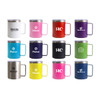 A collection of coloured stainless steel mugs in various shades, featuring several logos on different designs.