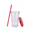 A transparent plastic cup with a red lid and straw, featuring a simple design.