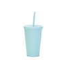 A mint green 16oz matte plastic cup with a lid and straw, featuring a simple design and a logo.