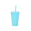 A drink bottle in matte aqua blue, featuring a lid and a straw, categorized as plastic cups and tumblers.