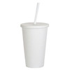 A matte white plastic cup with a lid and straw, designed for drinks. Features a logo.