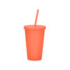 A matte orange plastic cup with a lid and straw, designed for drinkware use. Includes a logo.