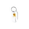 A drink bottle opener keyring in clear acrylic with a circular keyring and a logo design.