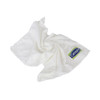 A white gym towel is folded and arranged, featuring a logo on one corner.