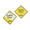 A yellow diamond-shaped warning sign with a logo, featuring the text "Safety Door."
