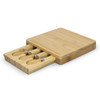 A square bamboo cheese board featuring a sliding section with cheese knives. It has a natural wood finish.