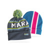 Two fully custom knitted beanies: one grey with a pom-pom and stripes, and a blue one with pink and white stripes.
